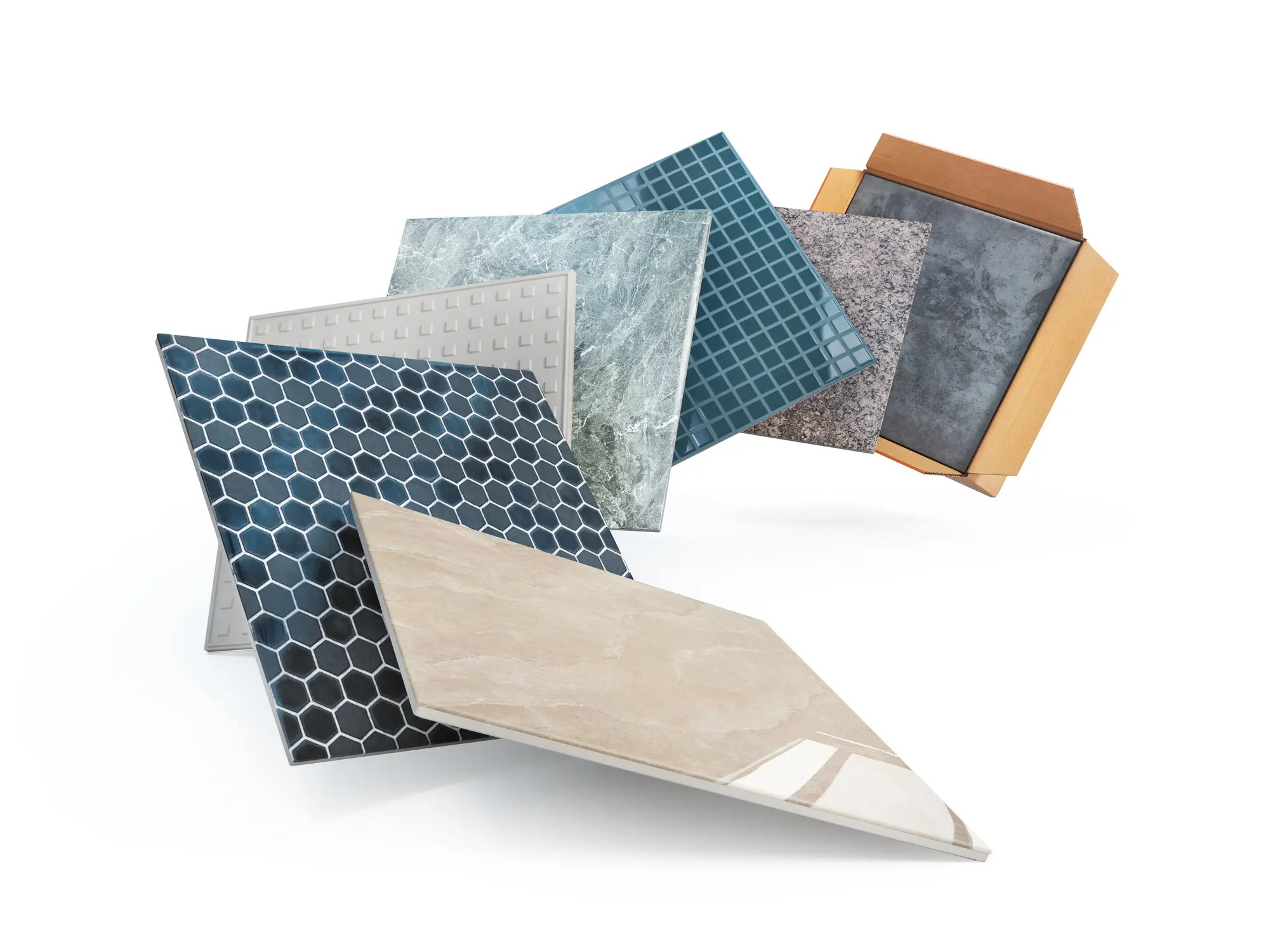 Set of decorative ceramic tiles with various geometric patterns and textures.