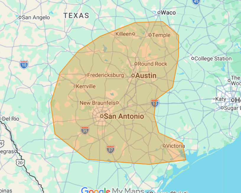 Map highlighting an area around San Antonio, Texas.