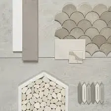 Neutral-toned interior design samples with textured patterns and shapes.