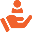 An orange hand holding a person icon symbolizing support or care.