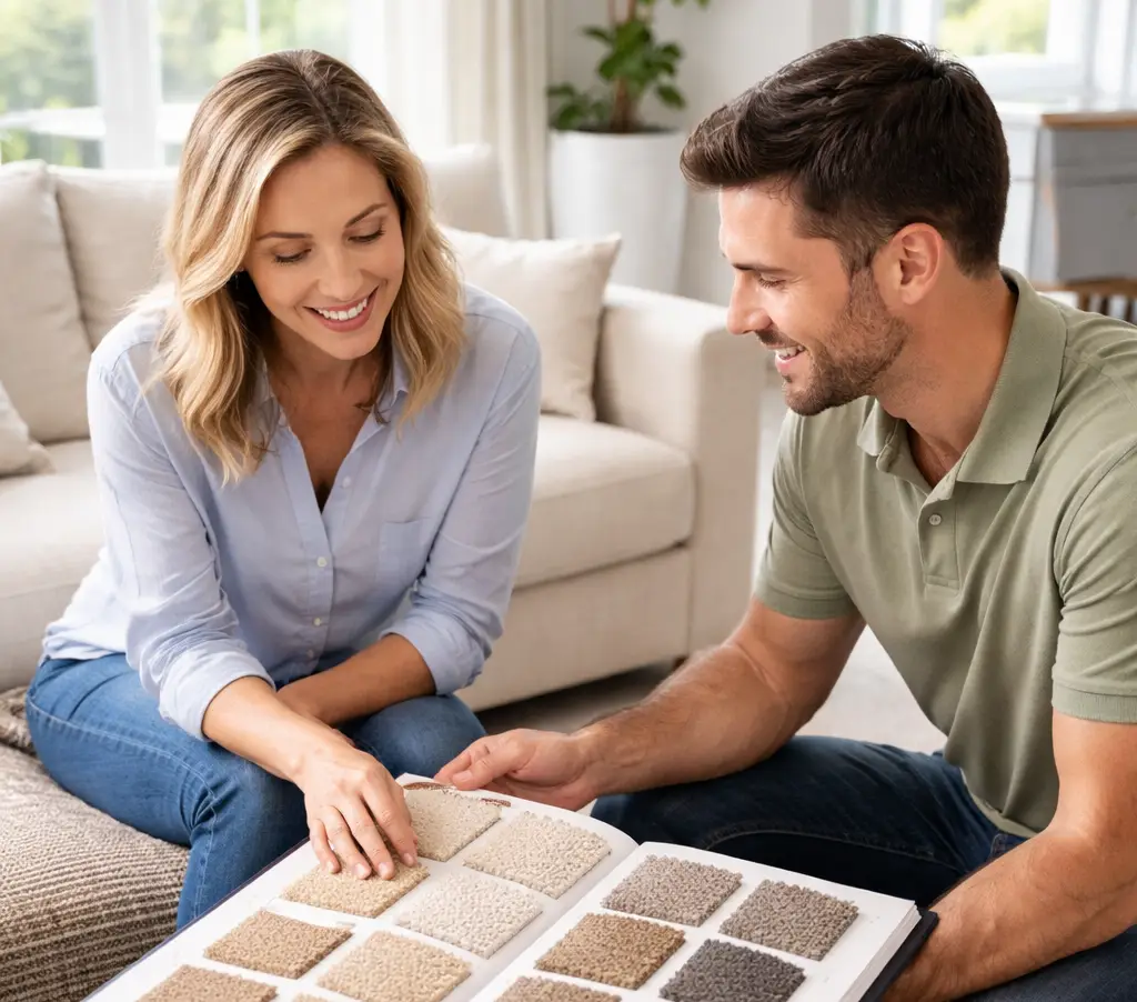 Couple choosing carpet samples together at home.