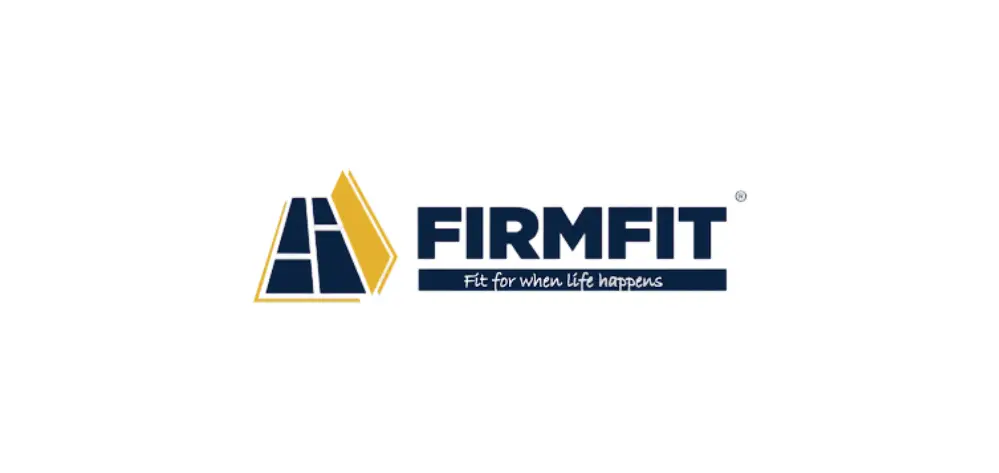 FirmFit logo with a bold, modern design in navy and gold.