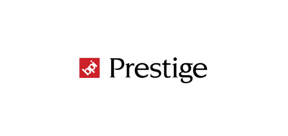 Prestige logo with red and white icon next to black text.